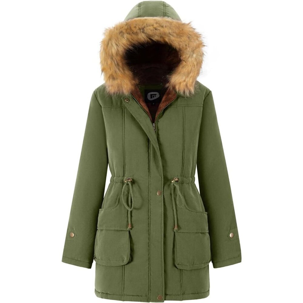 Women's Long Green Hooded Jacket Overcoat Winter Warm Fleece Lined Fur Trim